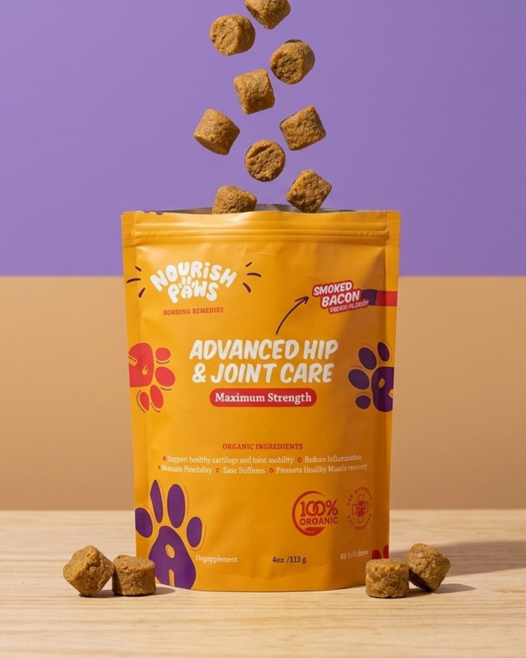 NEW! Organic Advanced Hip & Joint Care Dog Supplements: 60 Chews Pouch