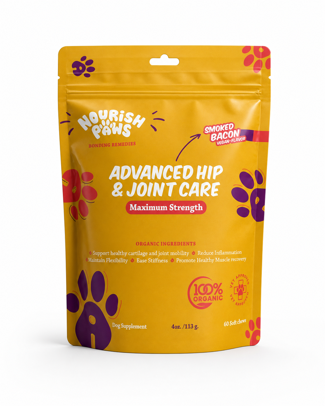 NEW! Organic Advanced Hip & Joint Care Dog Supplements: 60 Chews Pouch