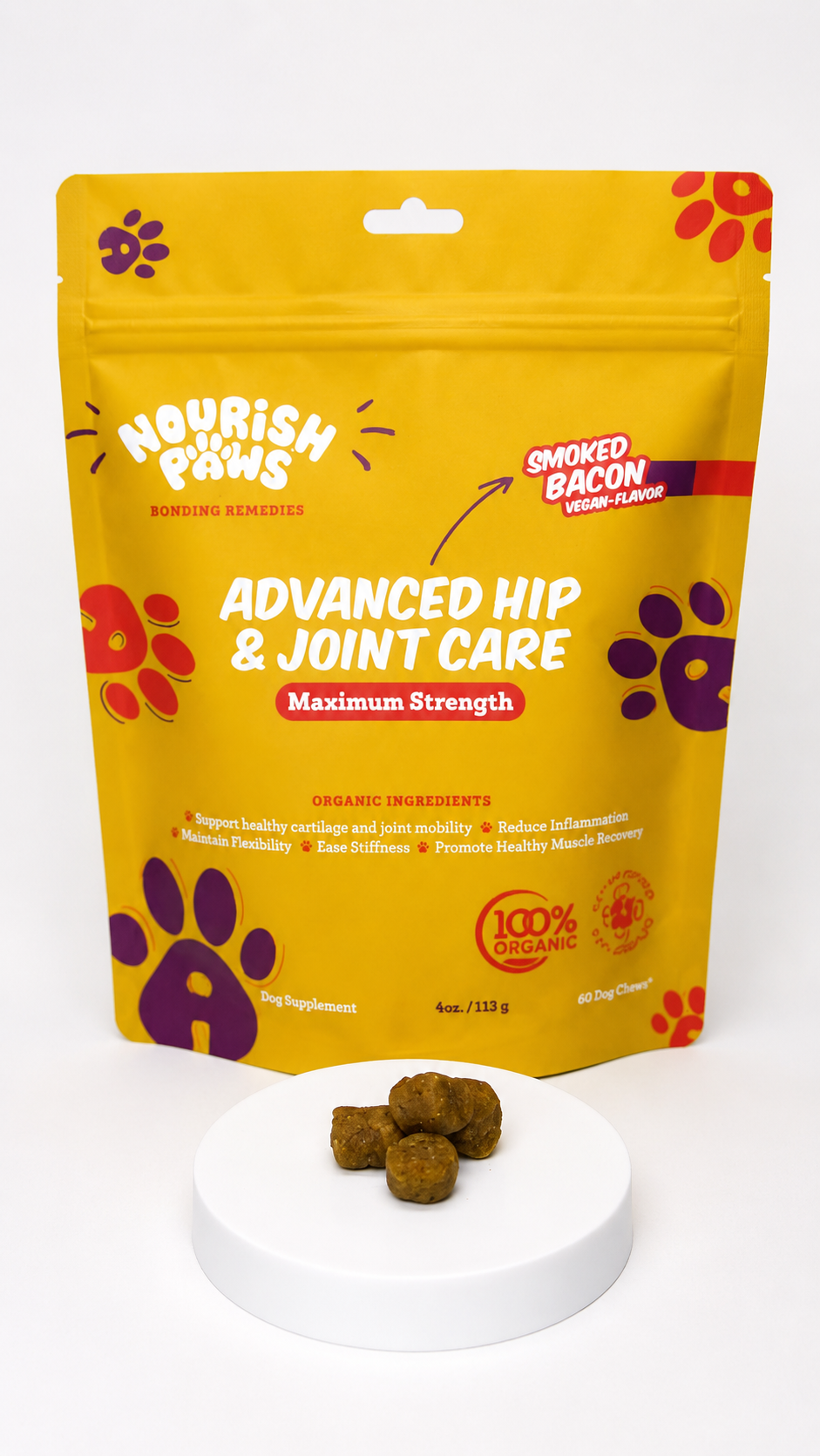 NEW!! Organic Advanced Hip & Joint Care Dog Supplements: 60 Chews Pouch