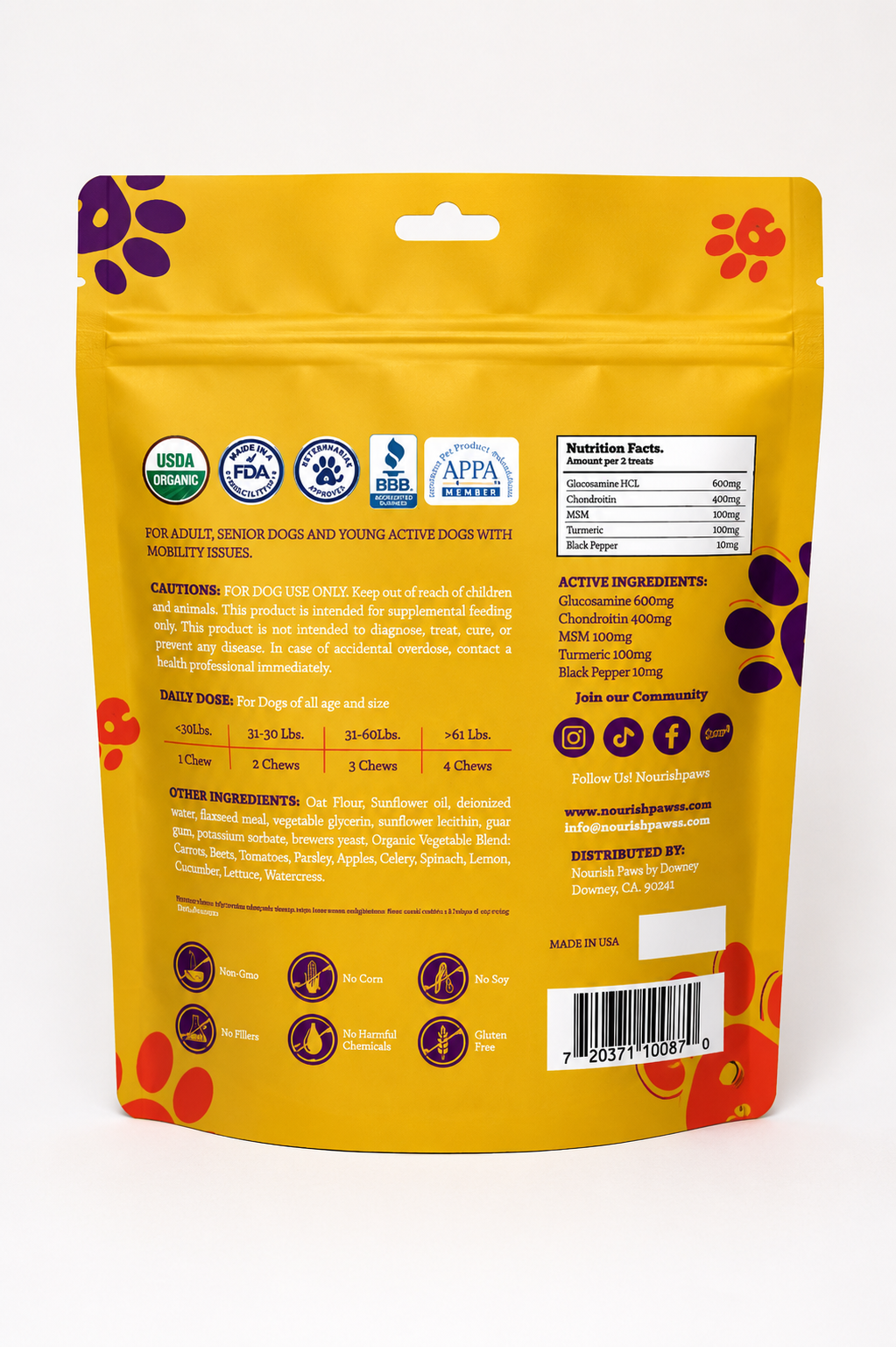 NEW!! Organic Advanced Hip & Joint Care Dog Supplements: 60 Chews Pouch